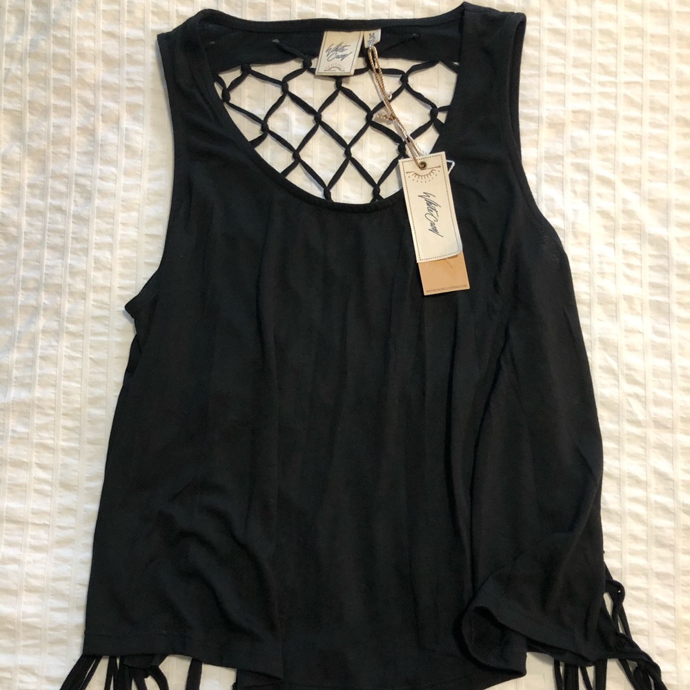 White Crow Black Fringe Crochet-Back Tank